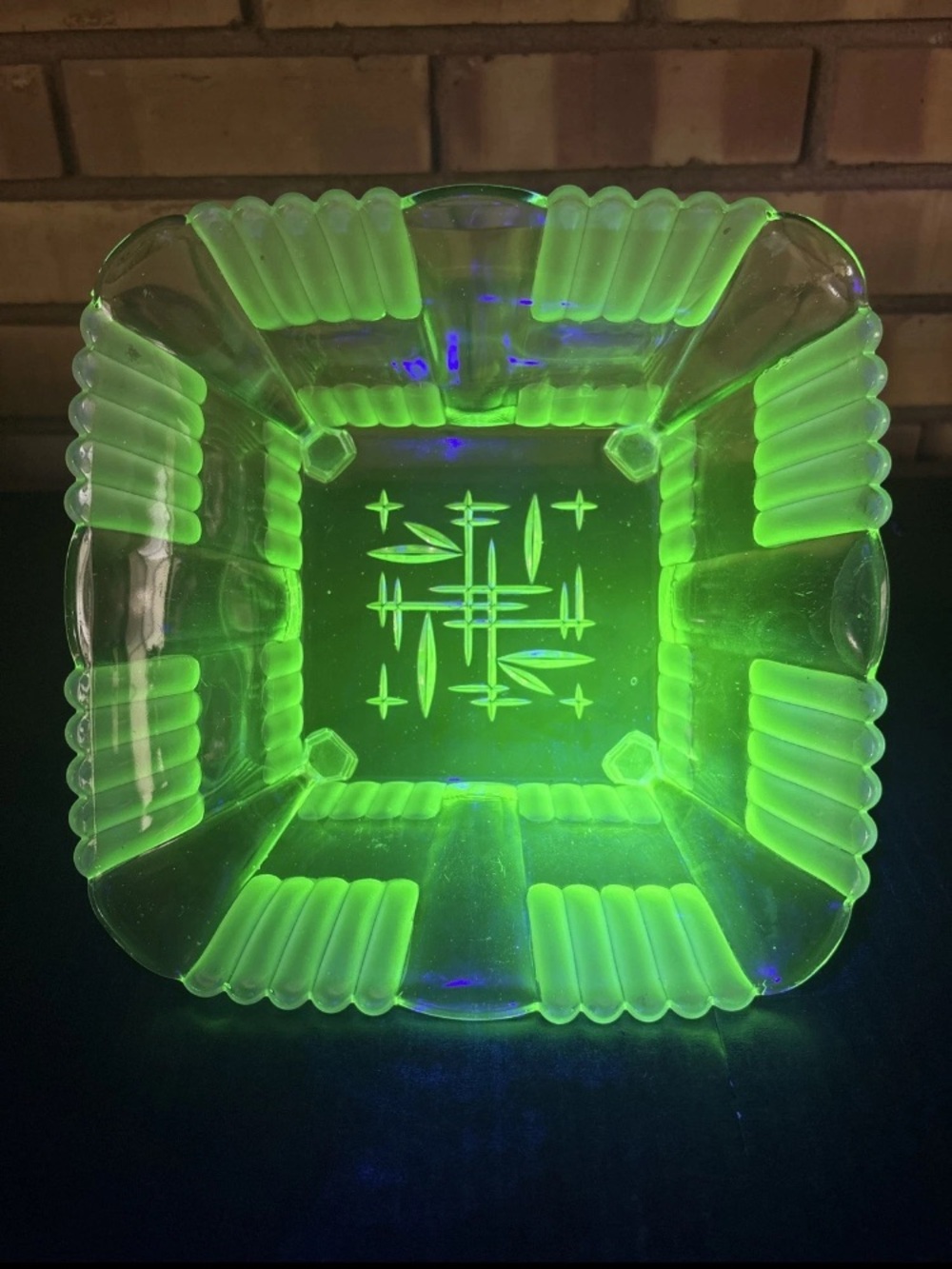Uranium Depression-era Etched Glass Square Footed bowl 8.5” X 8.5” 3.5 Tall